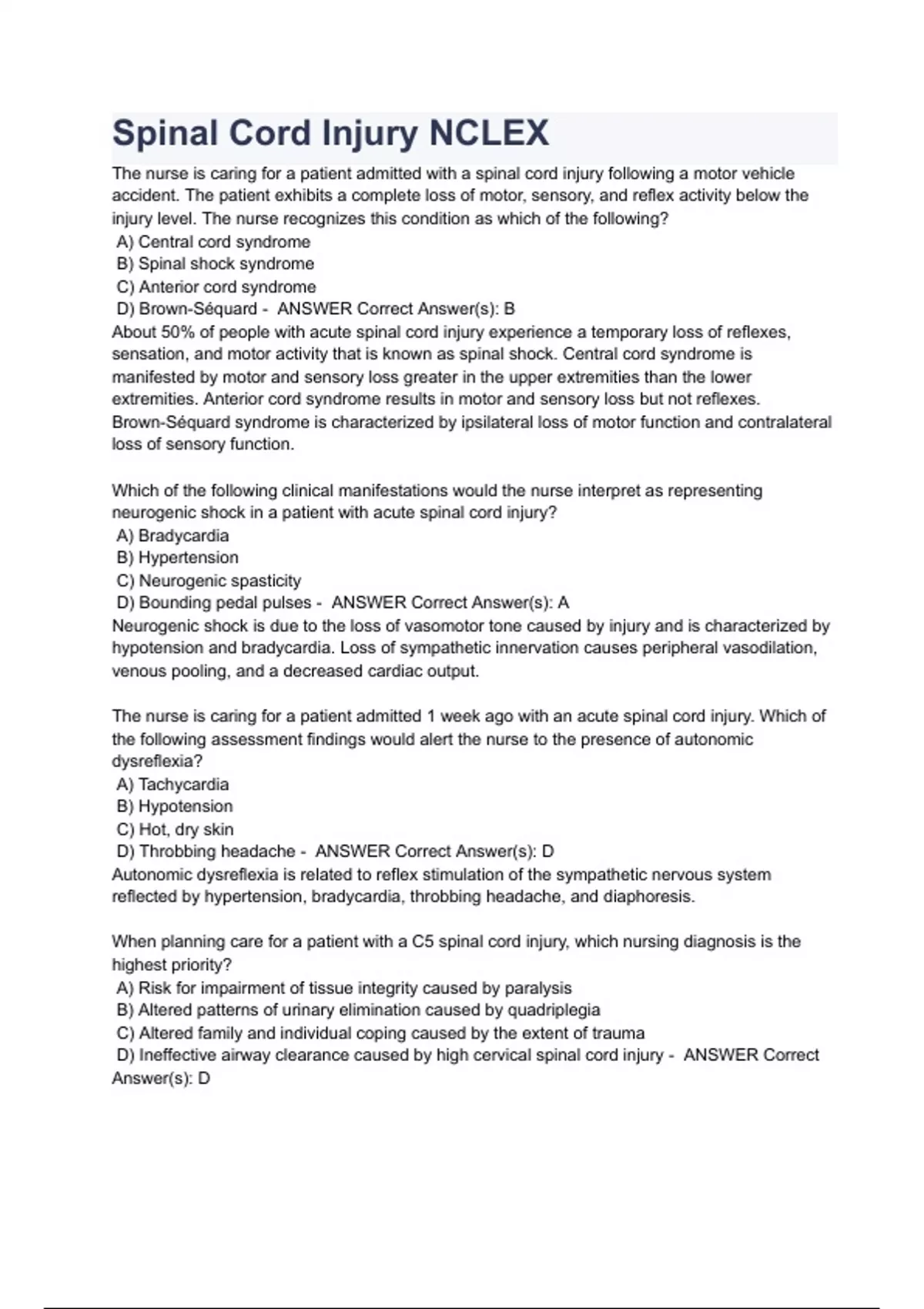 Spinal Cord Injury NCLEX QUESTIONS WITH ANSWERS AND EXPLANATIONS 2023/