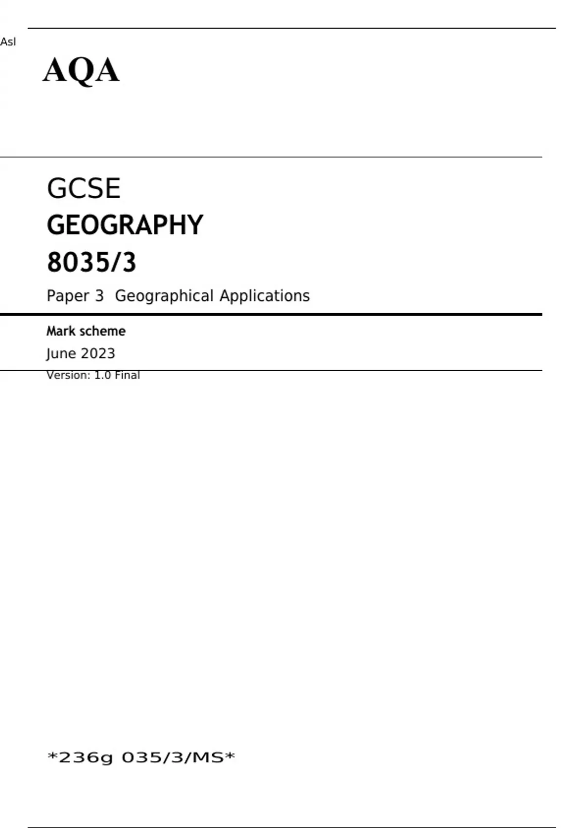 AQA GCSE GEOGRAPHY Paper 3 JUNE 2023 MARK SCHEME Geographical Applications GCSE GEOGRAPHY