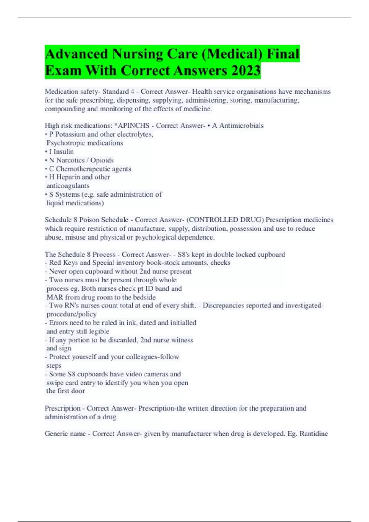 Advanced Nursing Care (Medical) Final Exam With Correct Answers 2023 ...