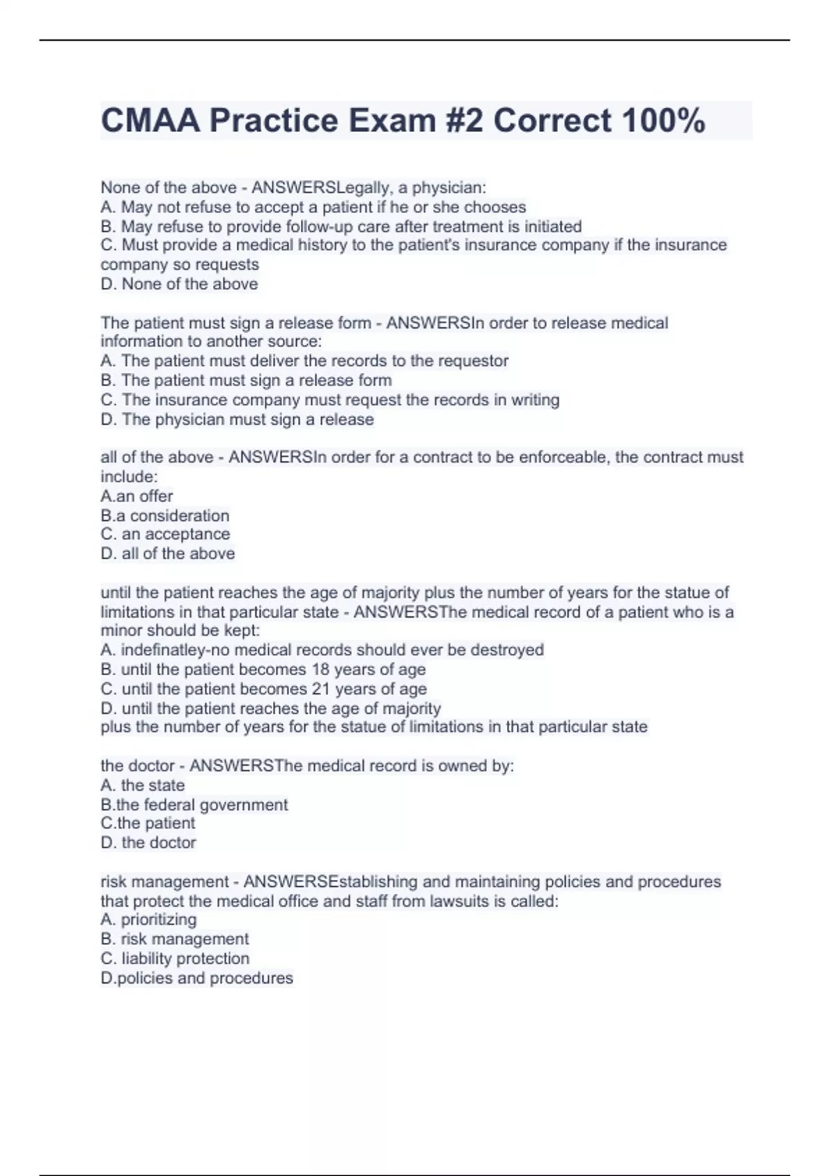 Cmaay Form CMAA Practice Exam #2 Correct 100% - CMAA - Stuvia US