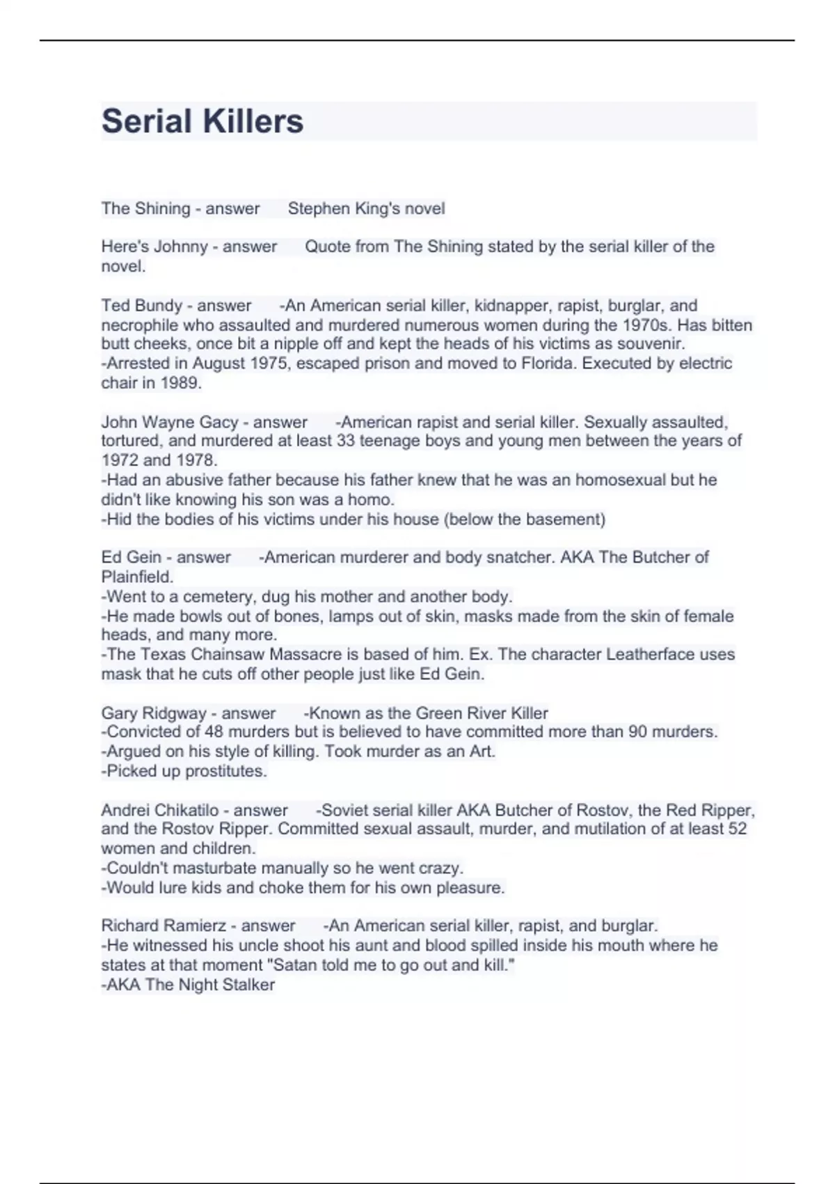 Serial Killers Questions with correct Answers 2023 Booty cheeks