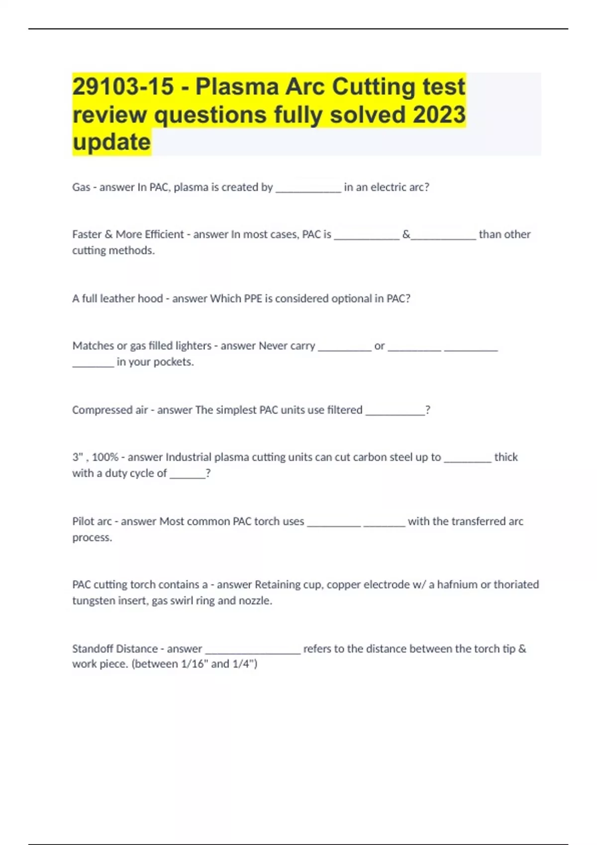 2910315 Plasma Arc Cutting test review questions fully solved 2023