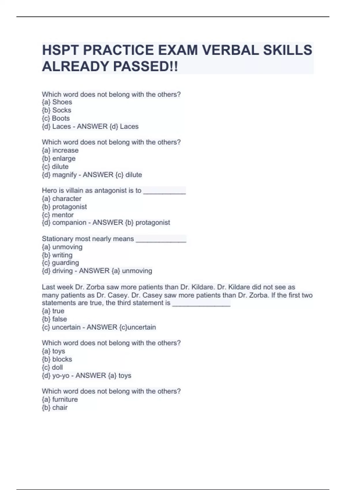 HSPT PRACTICE EXAM VERBAL SKILLS ALREADY PASSED!! - HSPT - Stuvia US