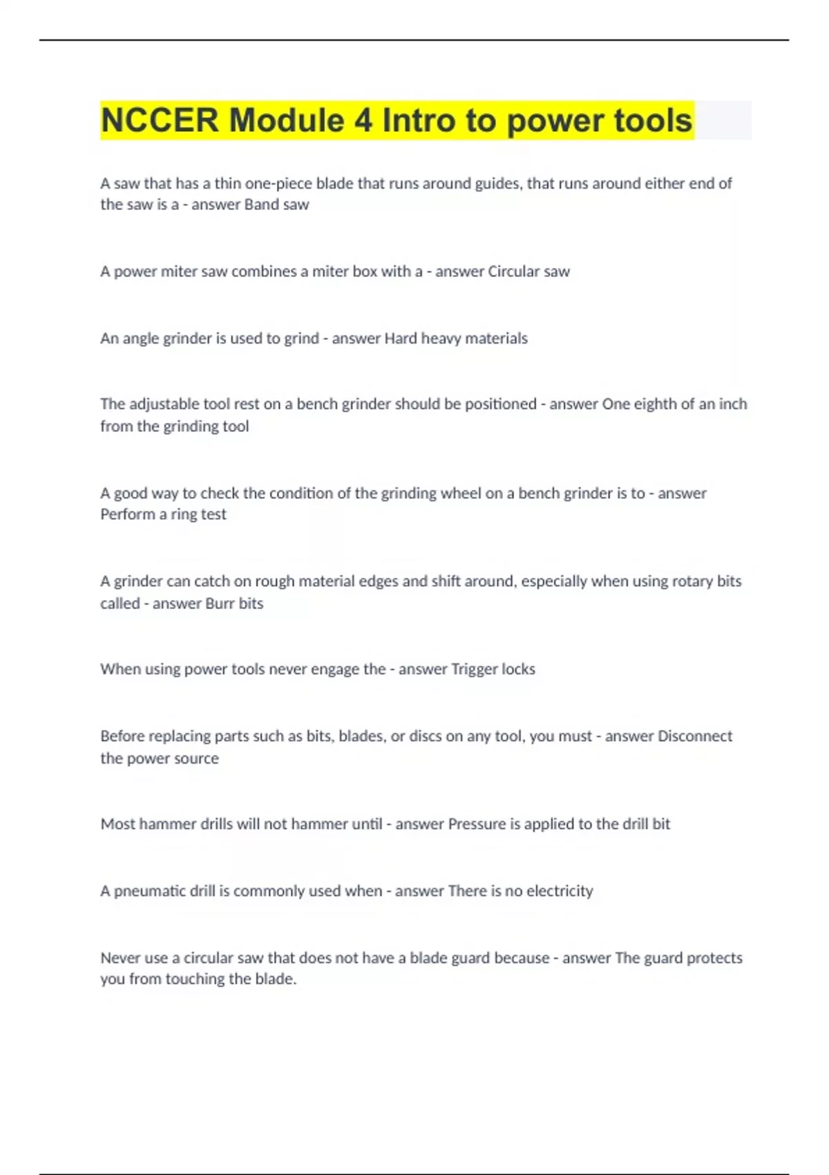 NCCER Module 4 Intro to power tools NCCER WELDING Stuvia US