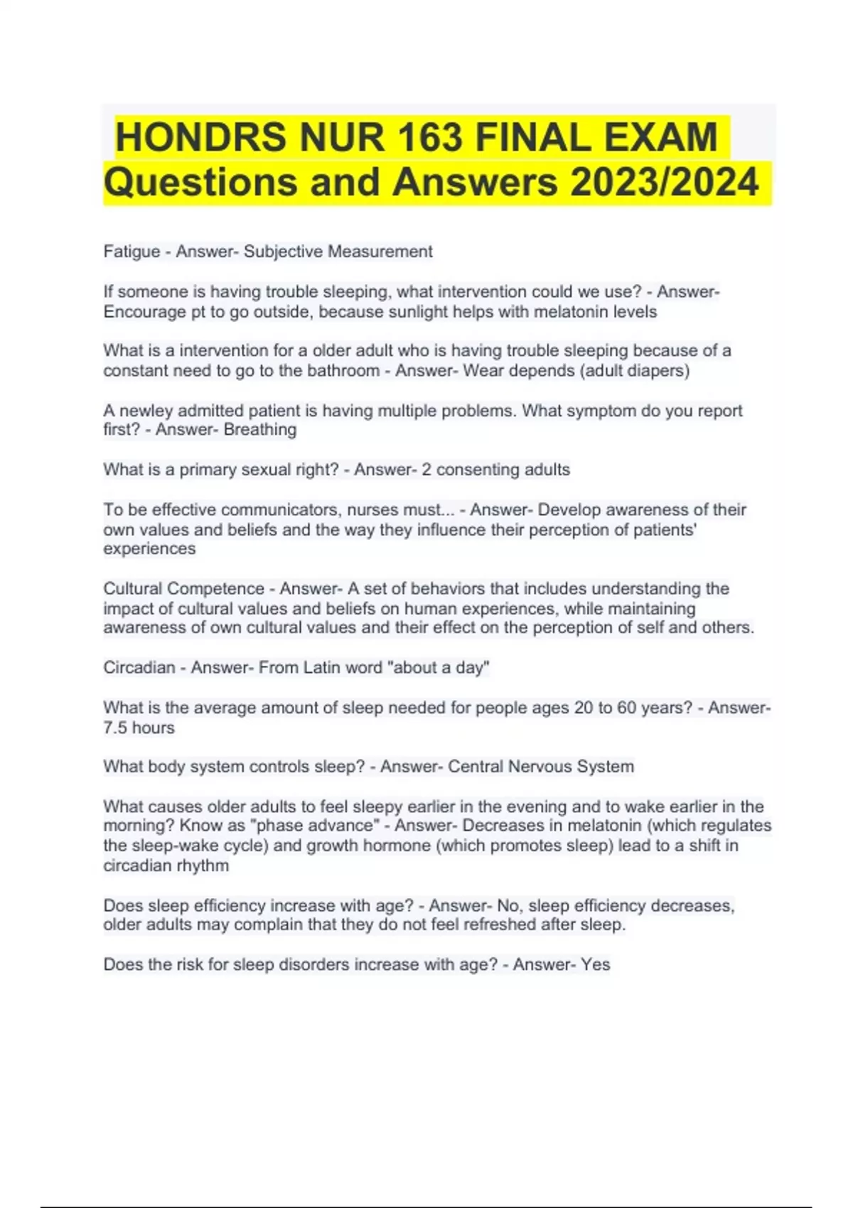 NUR 163 FINAL EXAM Questions and Answers Updated 2023/2024 | 100% ...