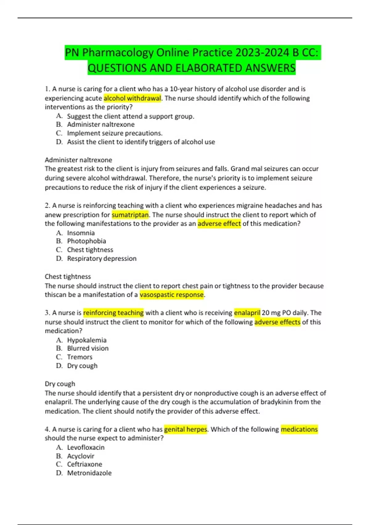 PN Pharmacology Online Practice B CC: QUESTIONS AND ELABORATED ANSWERS - PN Pharmacology - Stuvia US