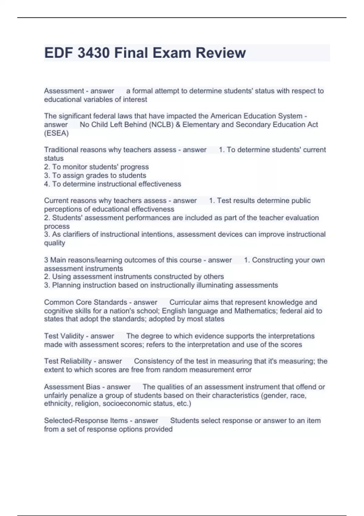 EDF 3430 Final Exam Review Questions with correct Answers - EDF - Stuvia US