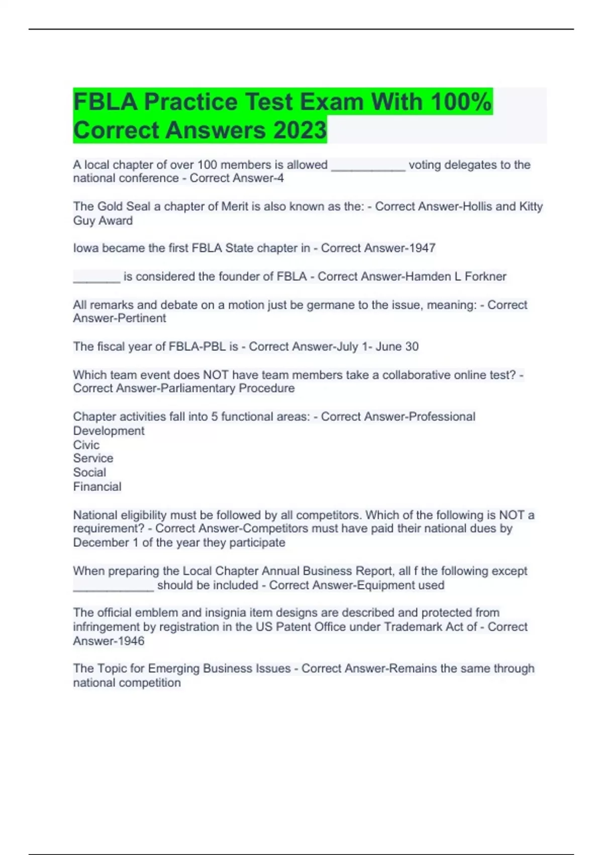 FBLA Practice Test Exam With 100% Correct Answers 2023 - FBLA - Stuvia US