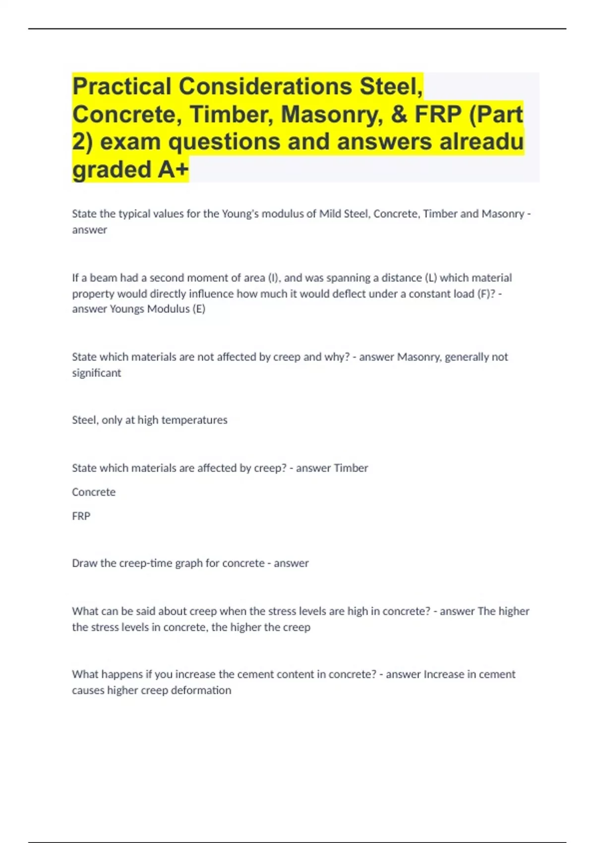 Practical Considerations Steel, Concrete, Timber, Masonry, & FRP (Part 2) exam questions and