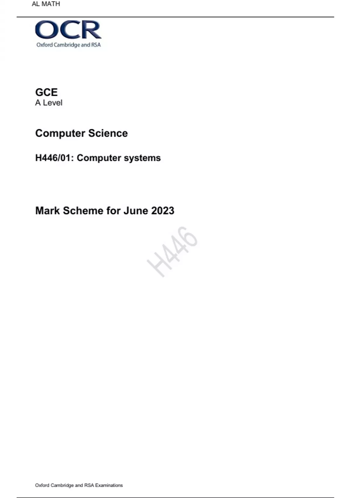 OCR A Level Computer Science paper 1 JUNE 2023 Question paper and mark