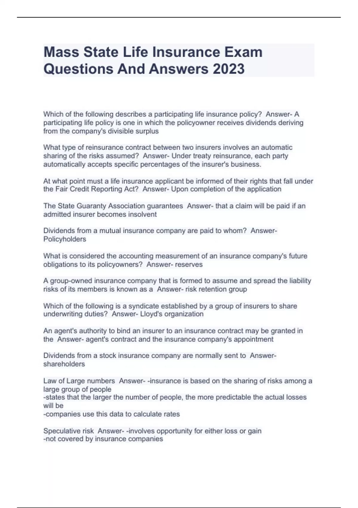 Mass State Life Insurance Exam Questions And Answers 2023