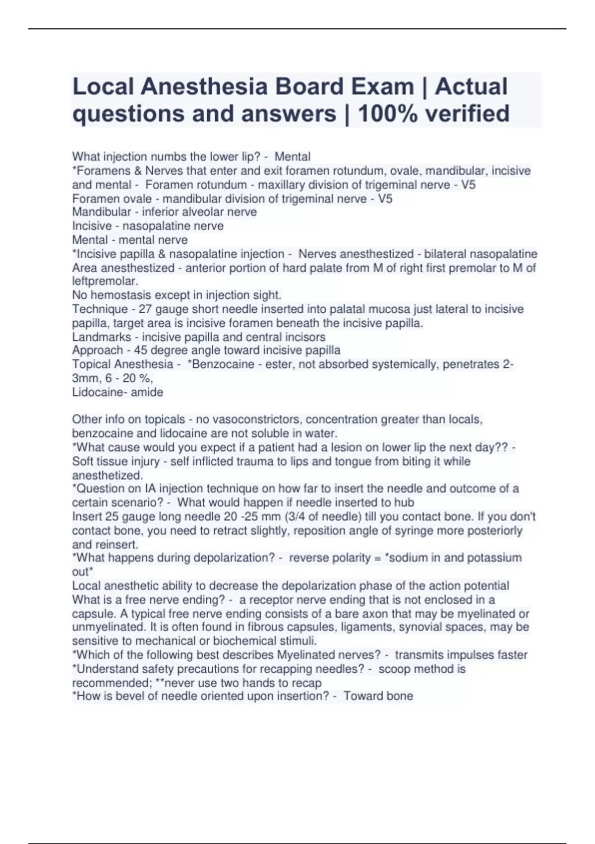 Local Anesthesia Board Exam Actual questions and answers 100