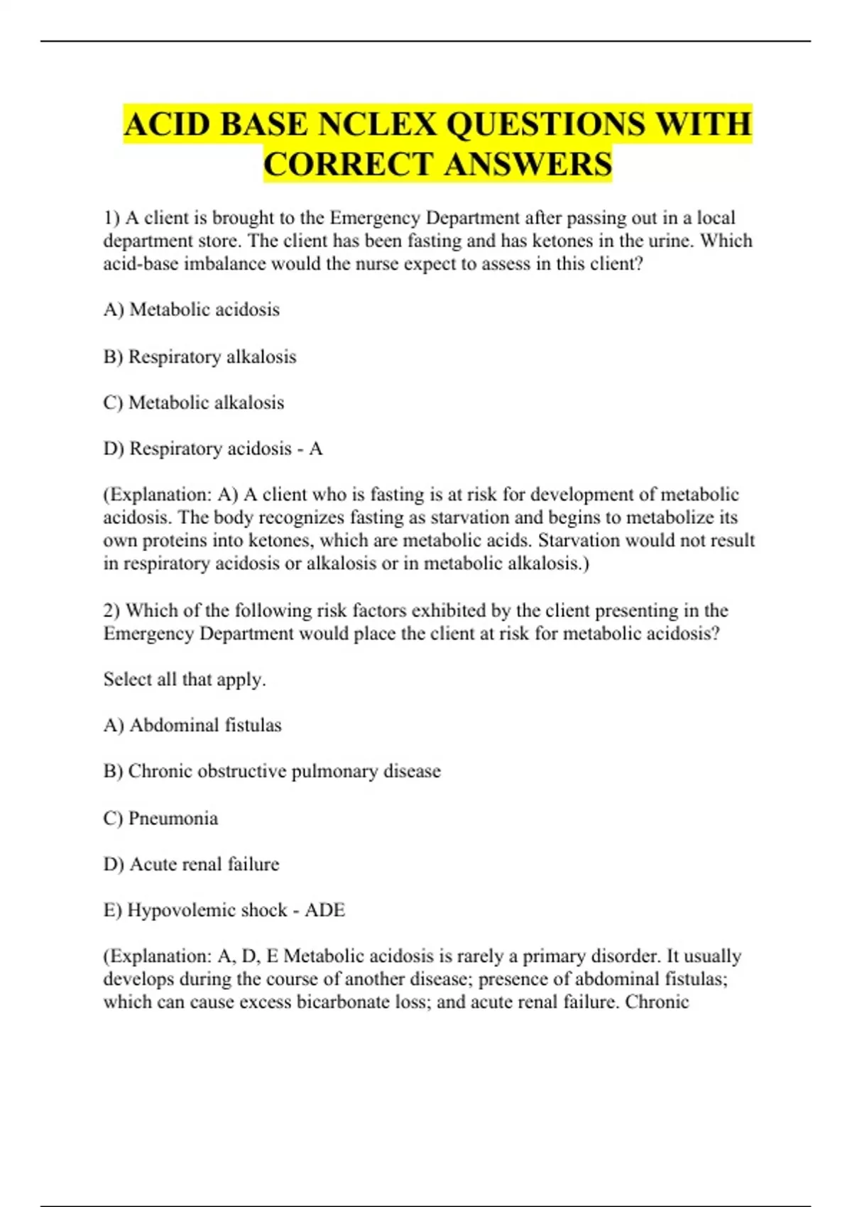 ACID BASE NCLEX QUESTIONS WITH CORRECT ANSWERS Nclex Stuvia US