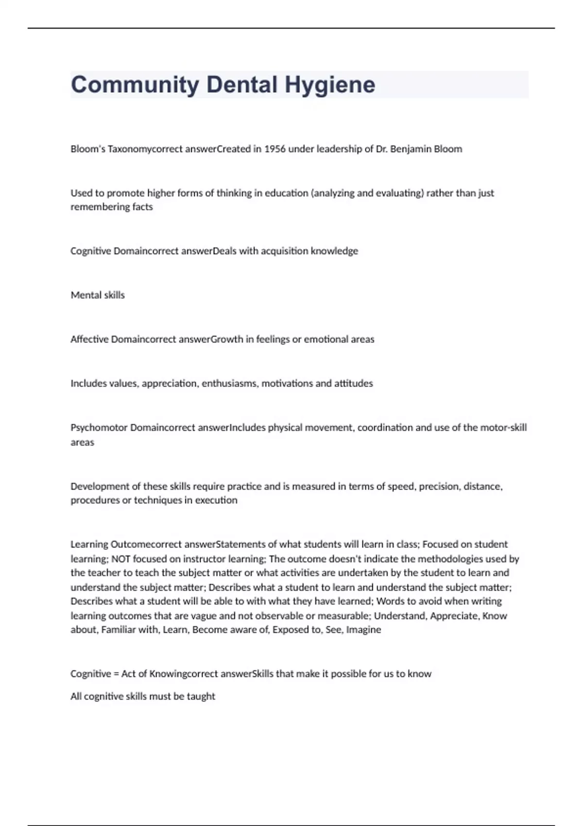 Community Dental Hygiene exam questions with correct answers