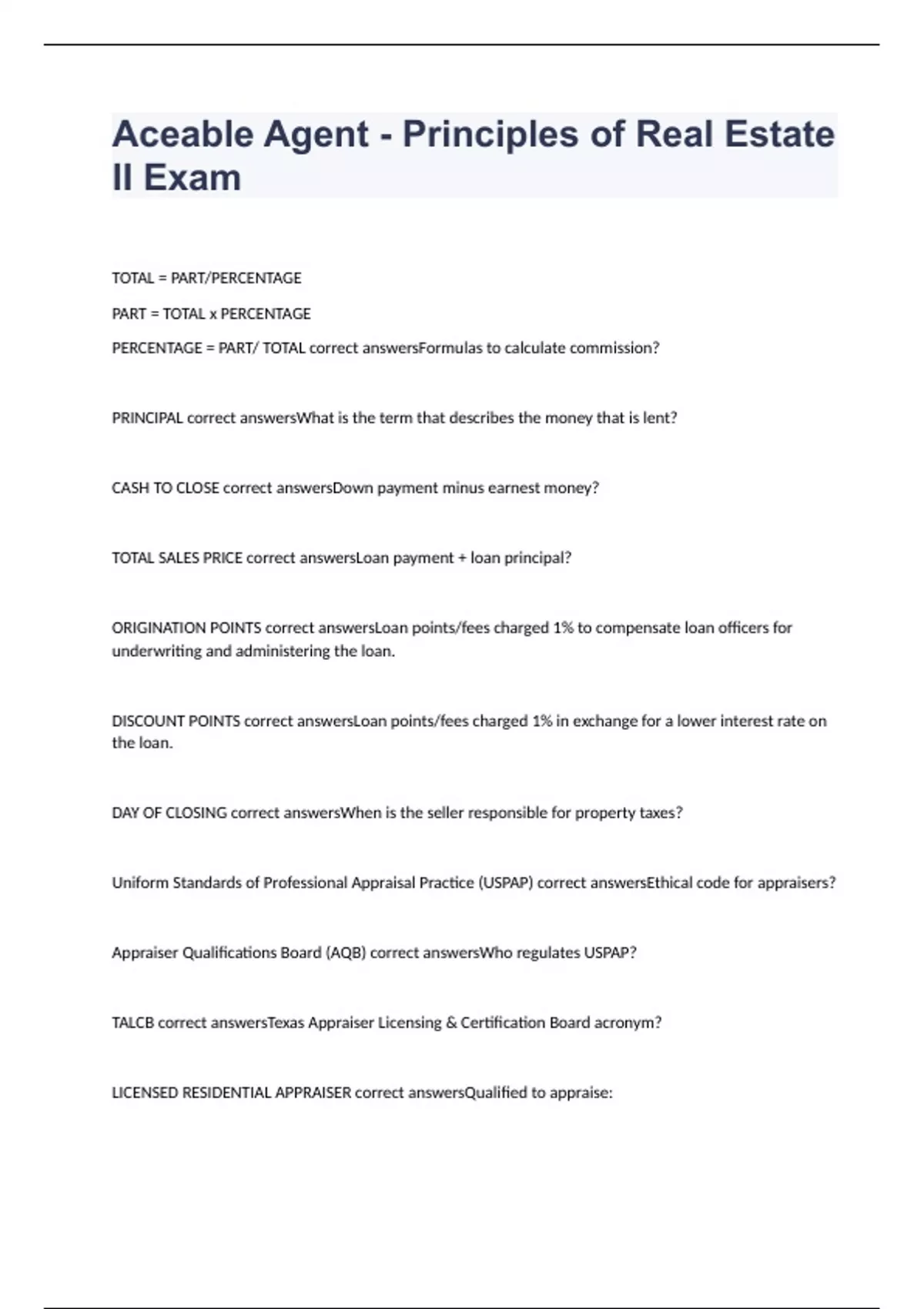 Aceable Agent Principles of Real Estate II Exam 2023 with correct