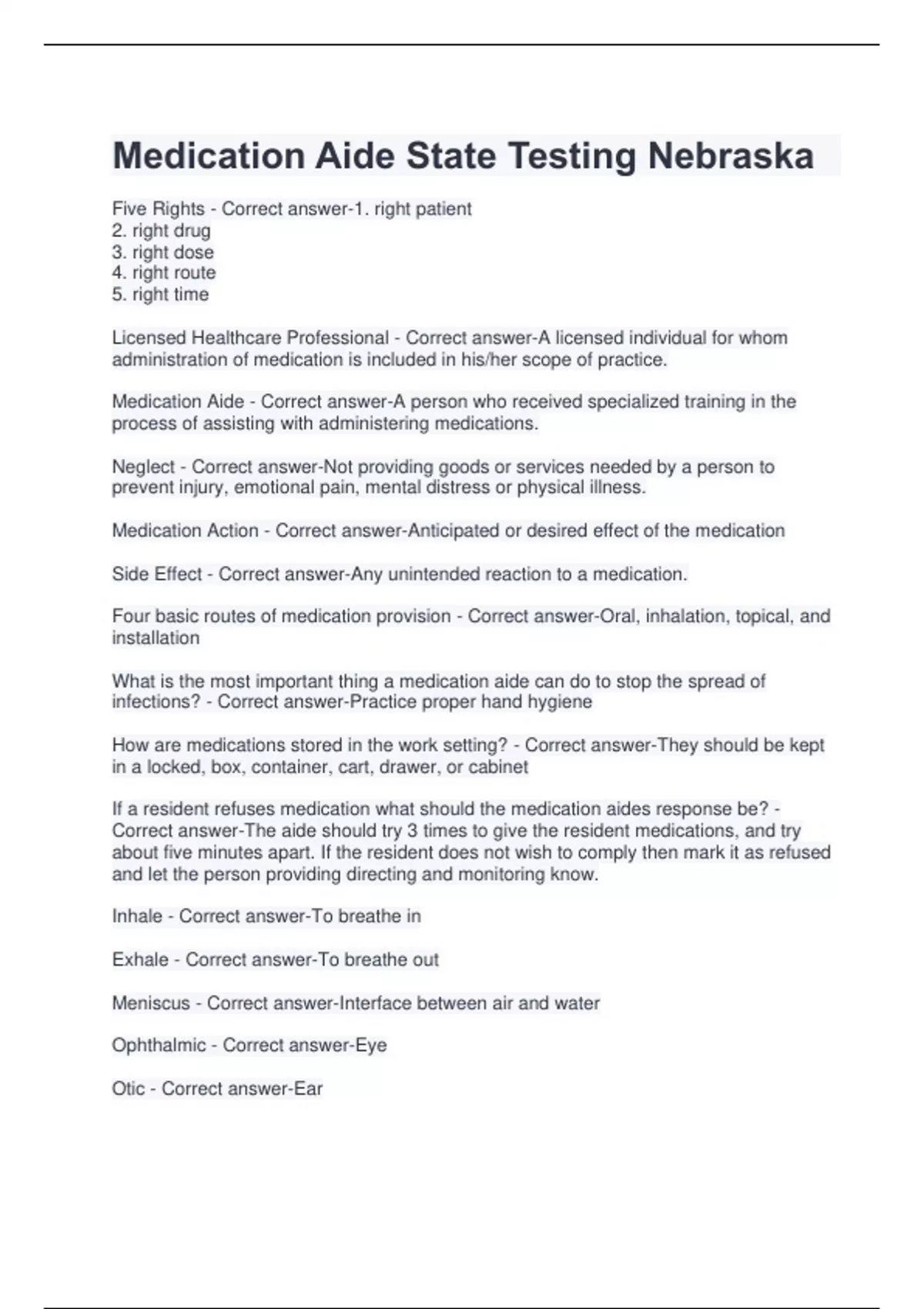 Medication Aide State Testing Nebraska 2023 questions with verified