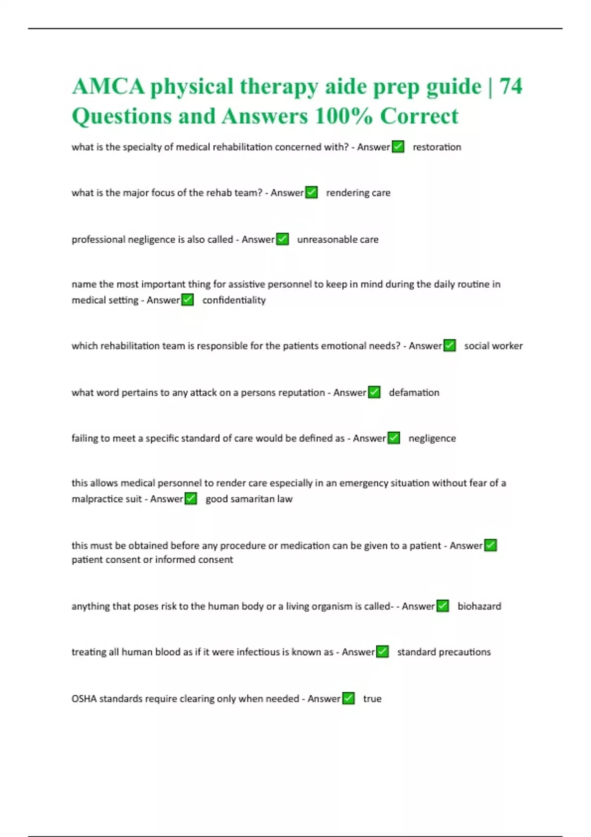 AMCA physical therapy aide prep guide | 74 Questions and Answers 100% ...