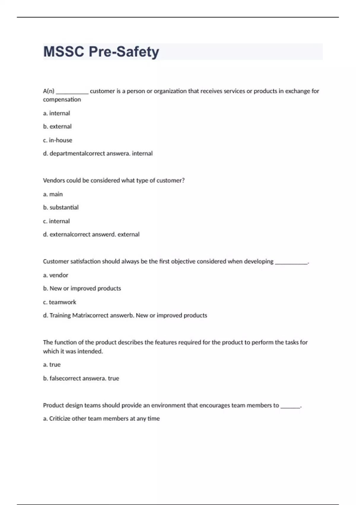 MSSC PreSafety. exam with correct and complete solutions MSSC Safety Stuvia UK