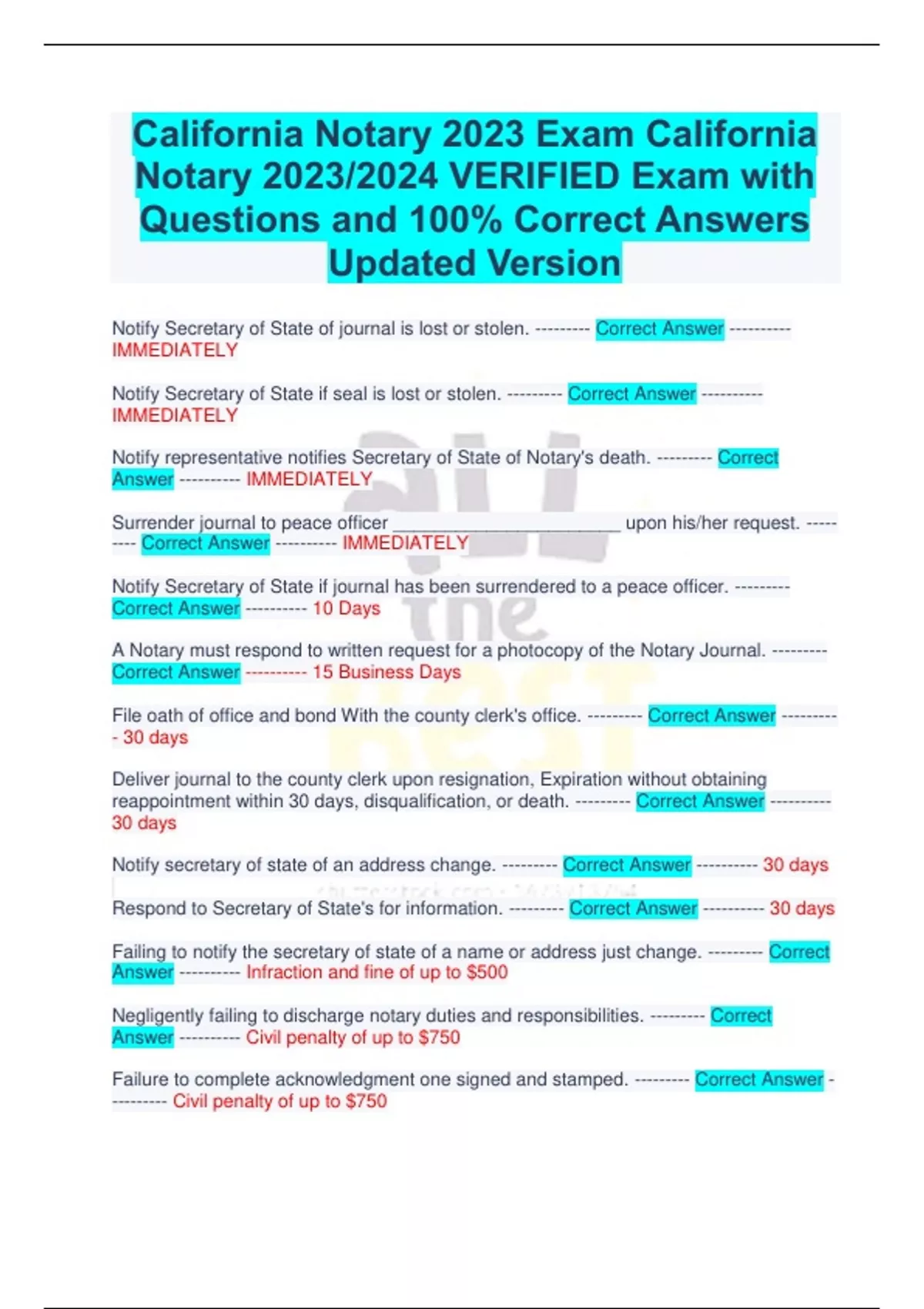 California Notary 2023 Exam California Notary 2023/2024 VERIFIED Exam
