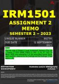 IRM1501 ASSIGNMENT 2 MEMO - SEMESTER 2 - 2023 - UNISA - DUE DATE: - 12 SEPTEMBER 2023 (DETAILED MEMO – FULLY REFERENCED – 100% PASS - GUARANTEED)