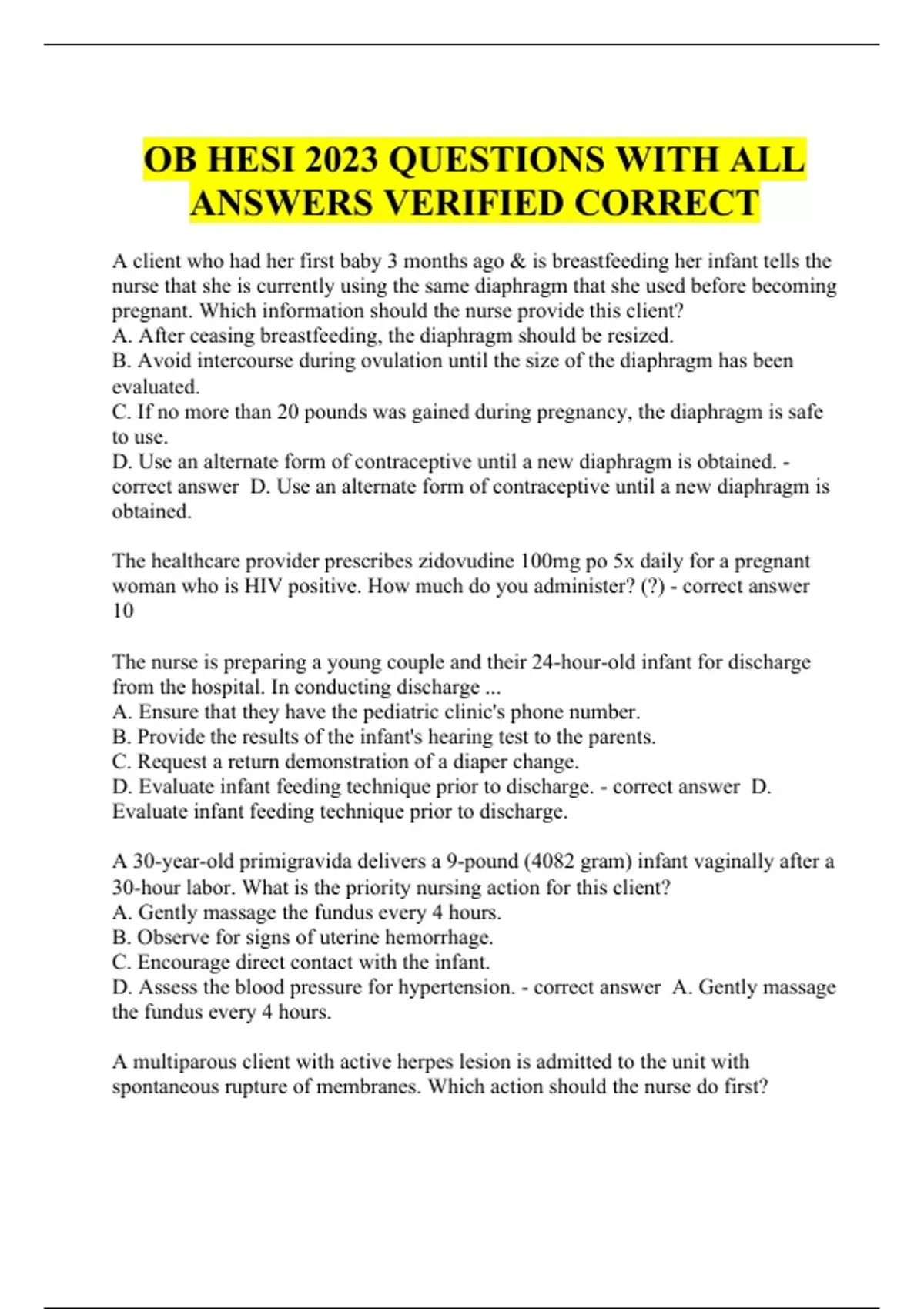 OB HESI 2023 QUESTIONS WITH ALL ANSWERS VERIFIED CORRECT - Hesi - Stuvia US