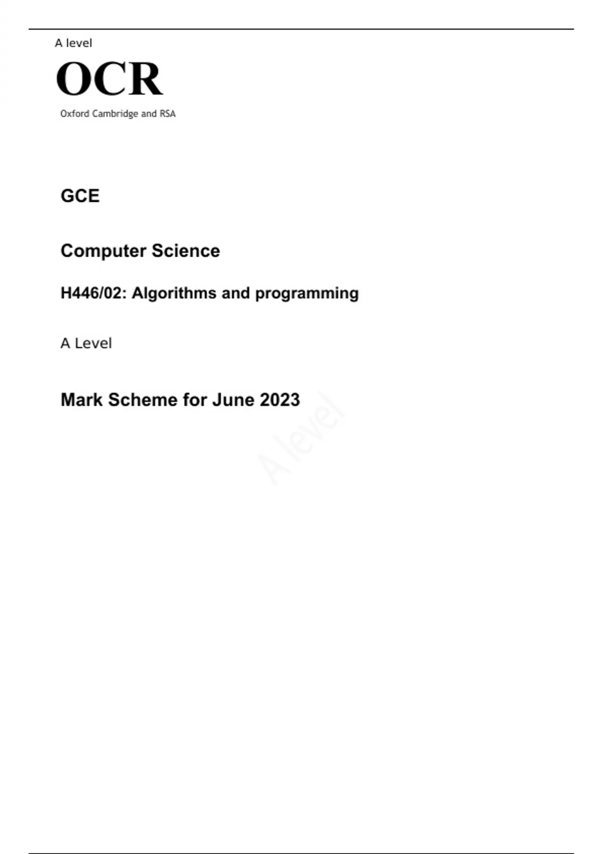 OCR A Level Computer Science H446/02 JUNE 2023 MARK SCHEME Algorithms