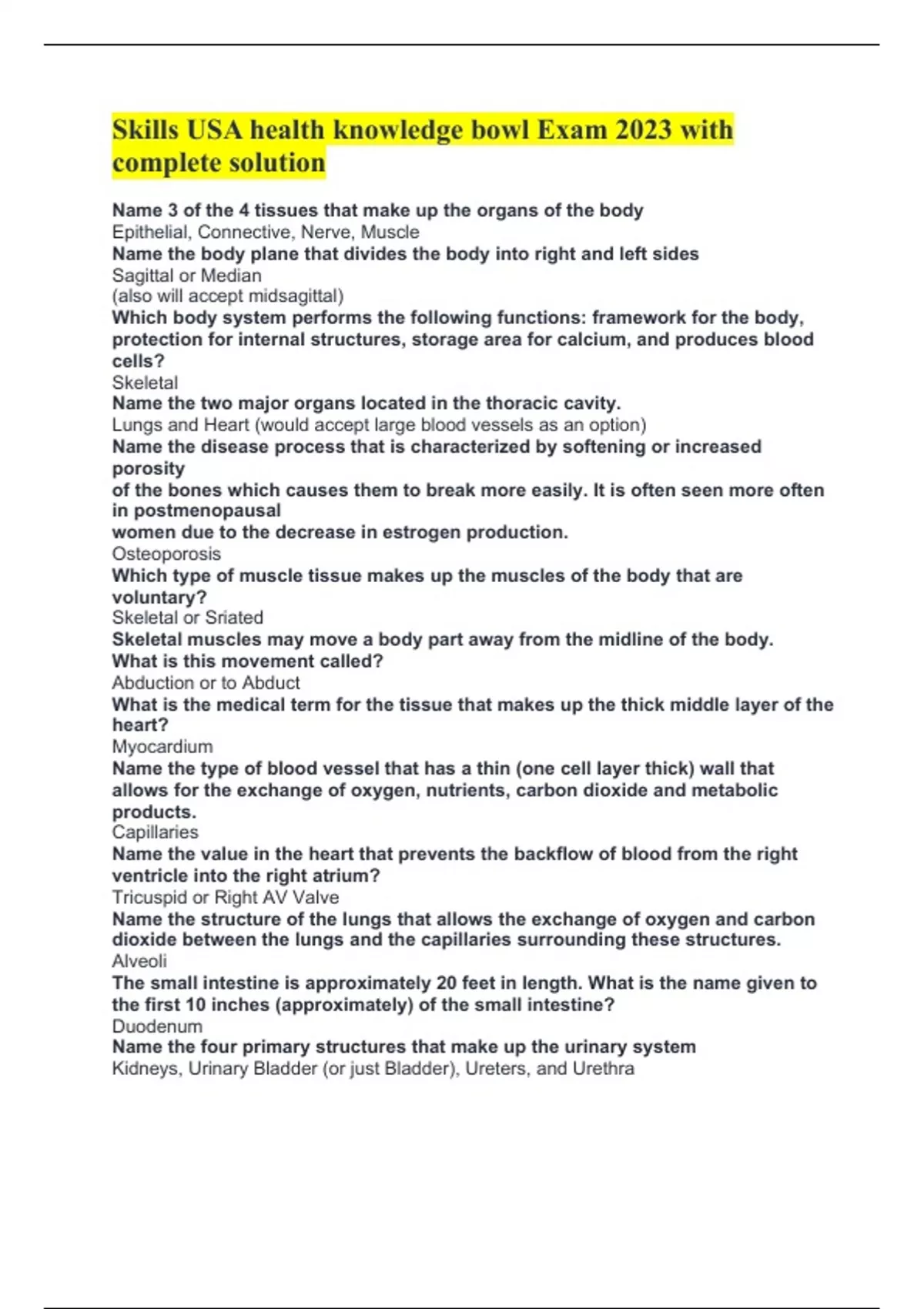 Skills USA health knowledge bowl Exam 2023 with complete solution Skills USA health knowledge