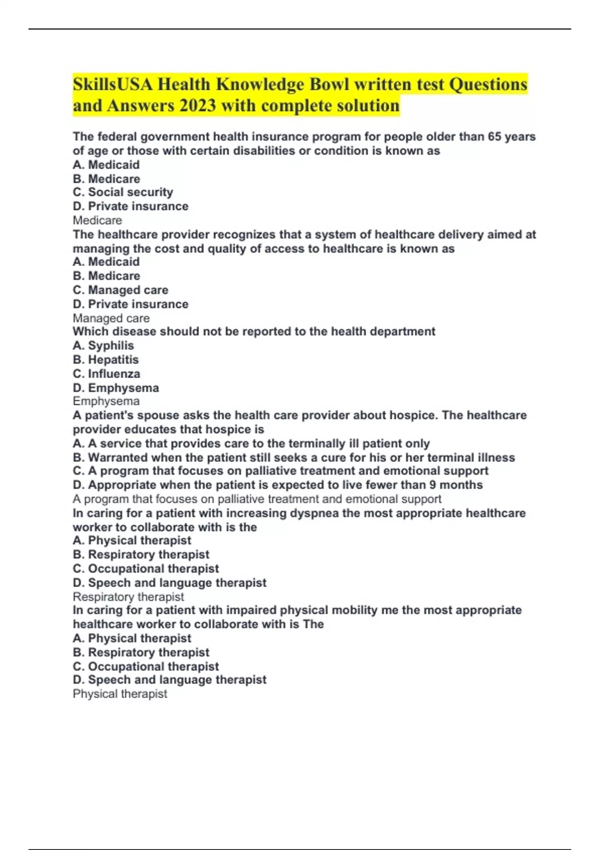 SkillsUSA Health Knowledge Bowl written test Questions and Answers 2023