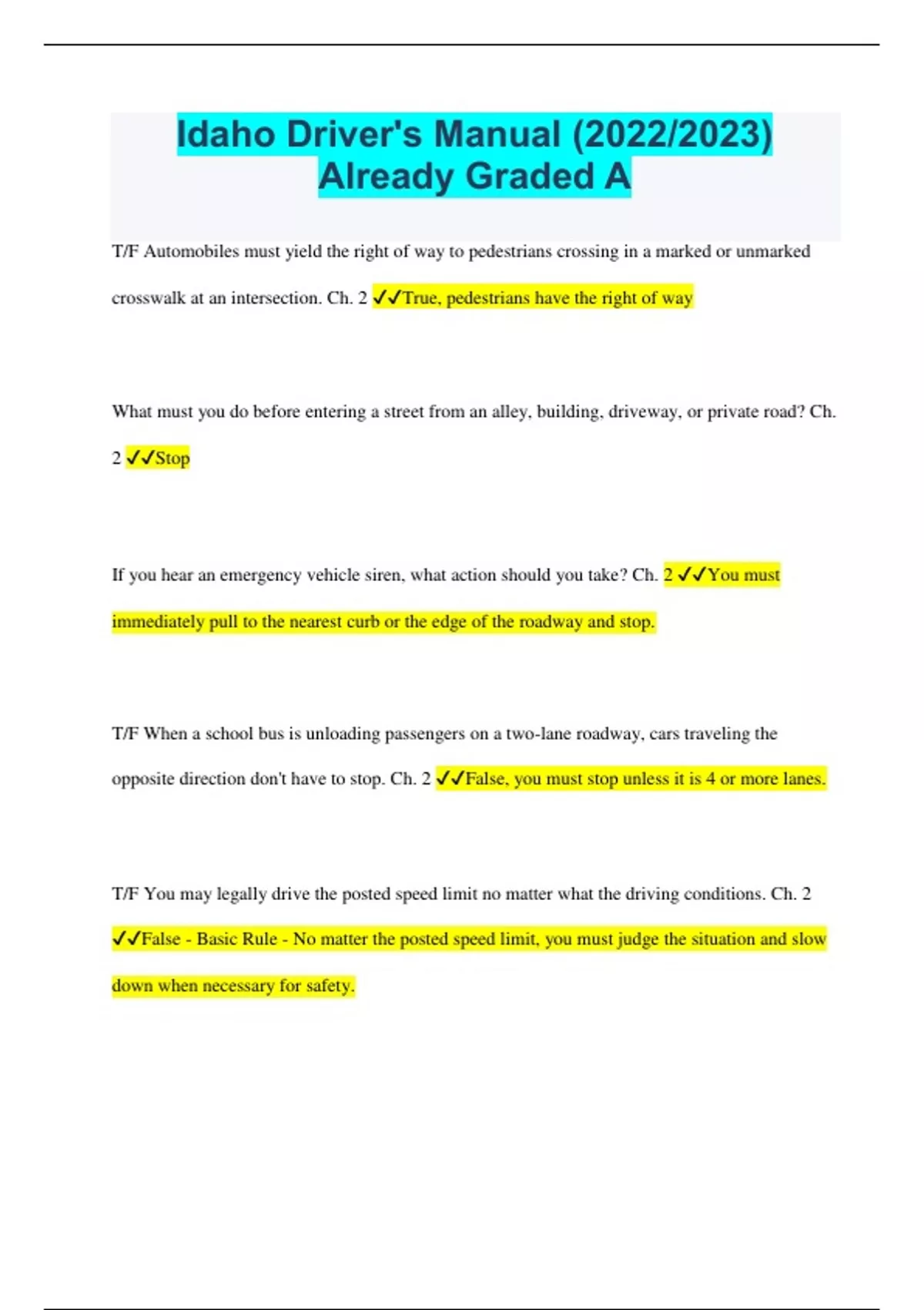 Idaho Driver's Manual (2022/2023) Questions with Correct Answers