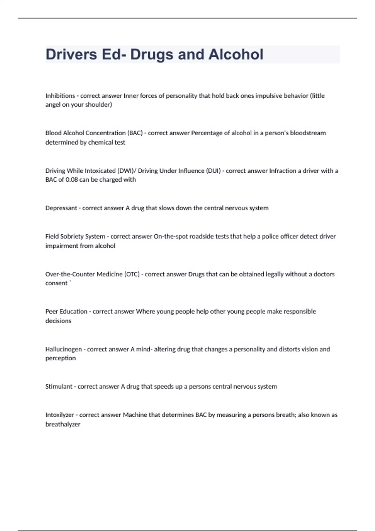 Drivers Ed Drugs and Alcohol questions and answers 2023 DRUGS AND