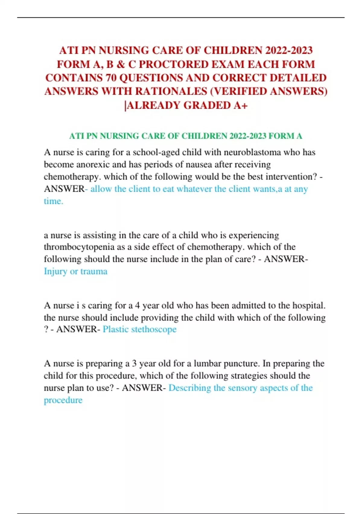 ATI PN NURSING CARE OF CHILDREN FORM A, B & C PROCTORED EXAM EACH FORM ...