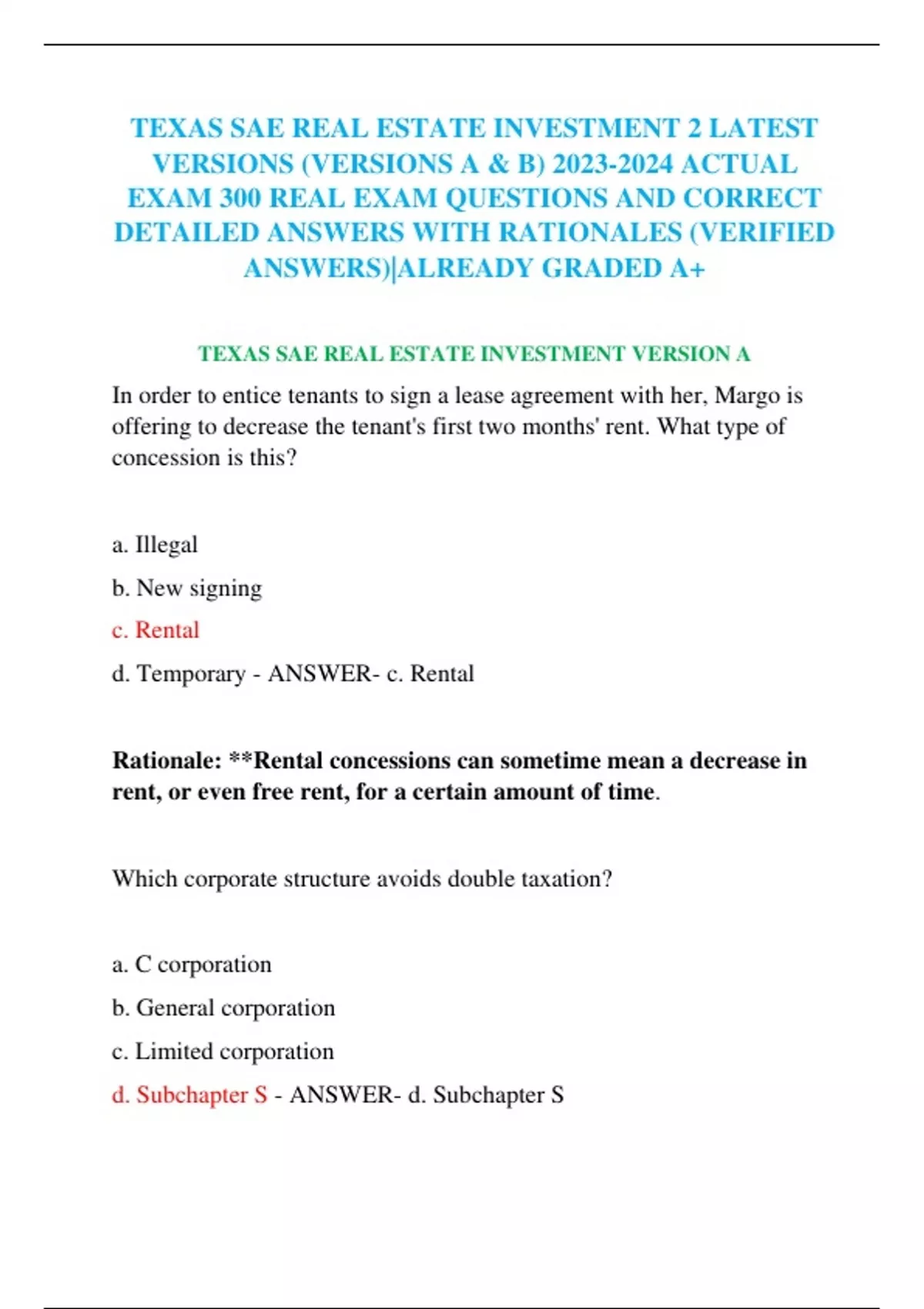 TEXAS SAE REAL ESTATE INVESTMENT 2 LATEST VERSIONS (VERSIONS A & B