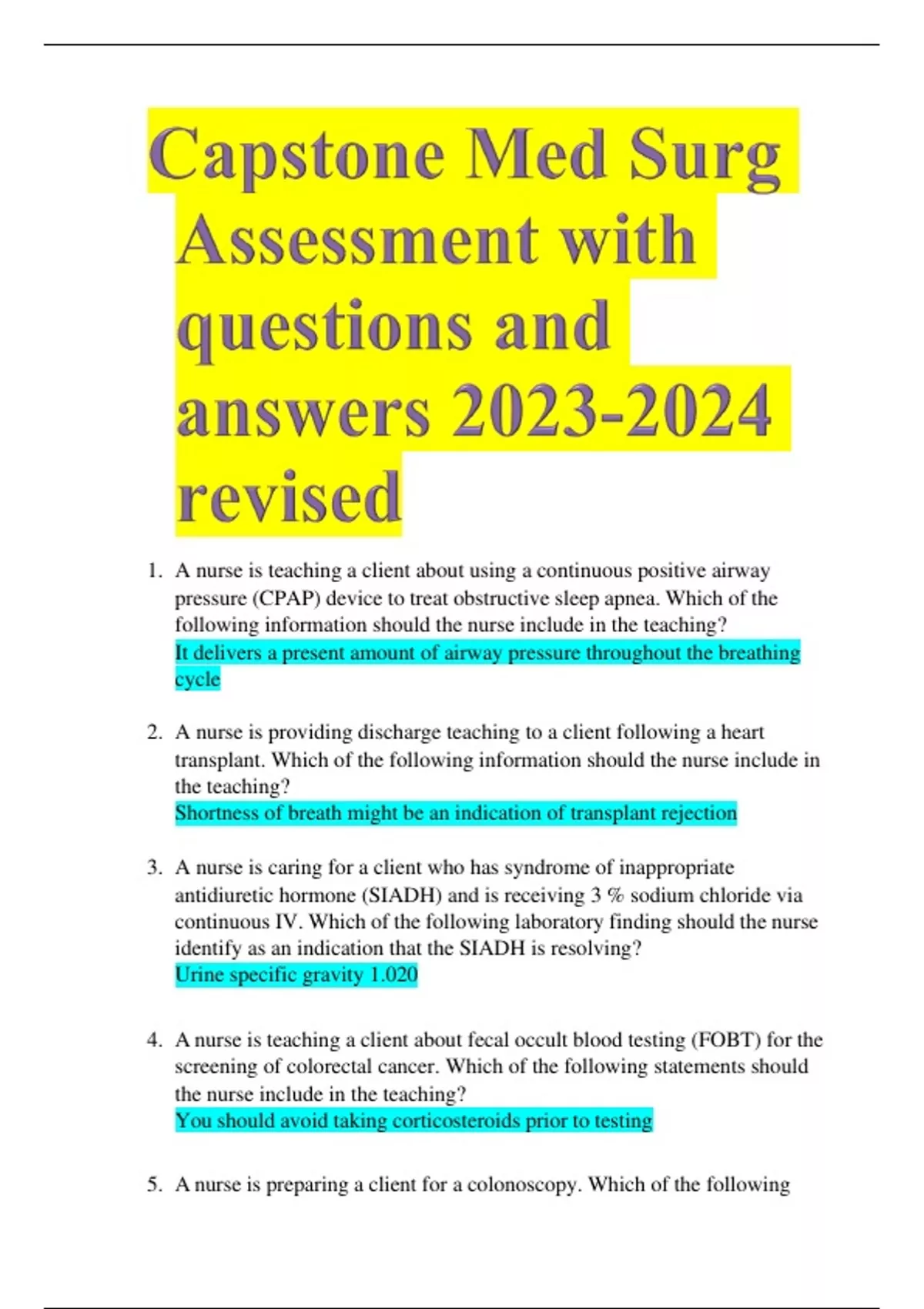 Capstone Med Surg Assessment with questions and answers revised ...