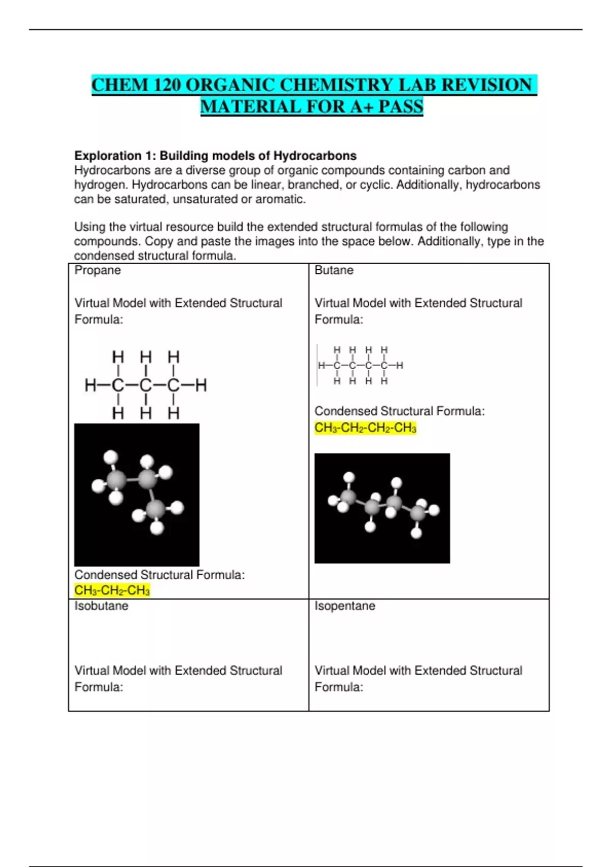 Summary CHEM 120 ORGANIC CHEMISTRY LAB REVISION MATERIAL FOR A+ PASS ...
