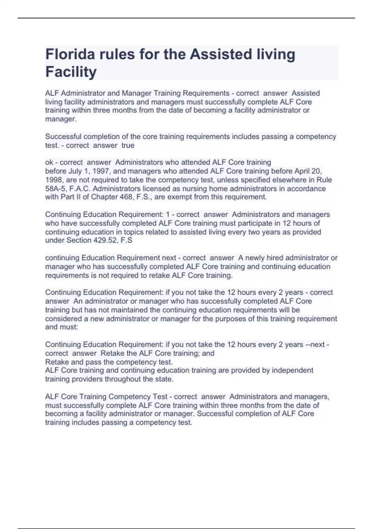 Florida rules for the Assisted living Facility questions and answers ...