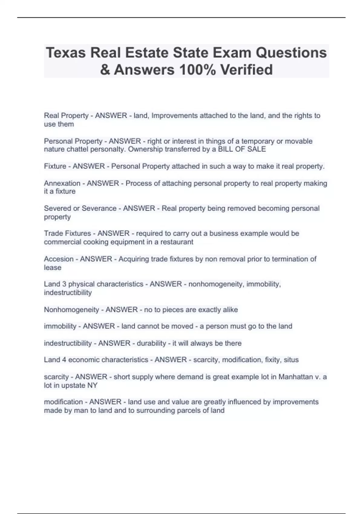 Texas State Real Estate License Exam BUNDLE Questions and Answers 100