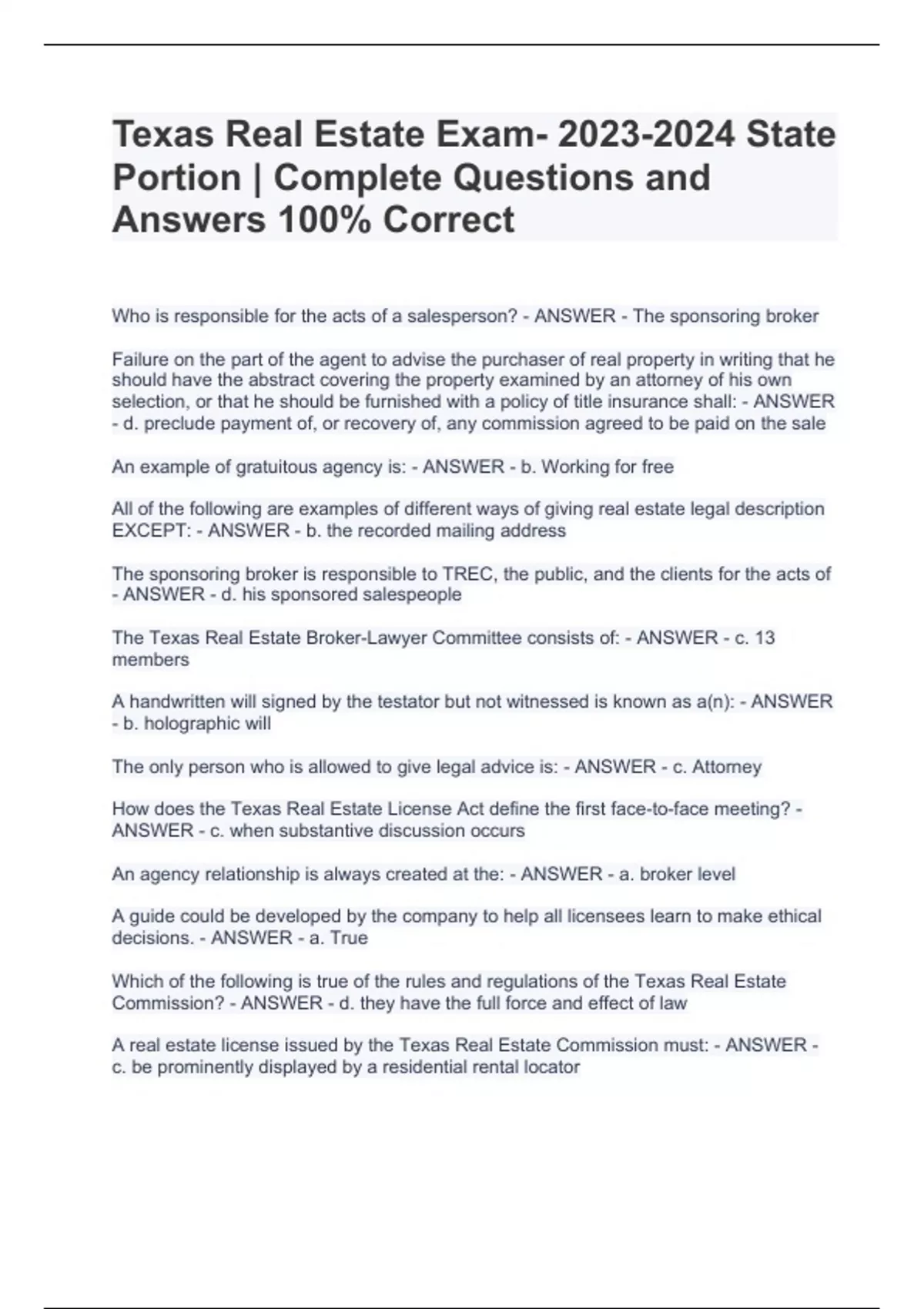 Texas Real Estate Exam State Portion Complete Questions and Answers