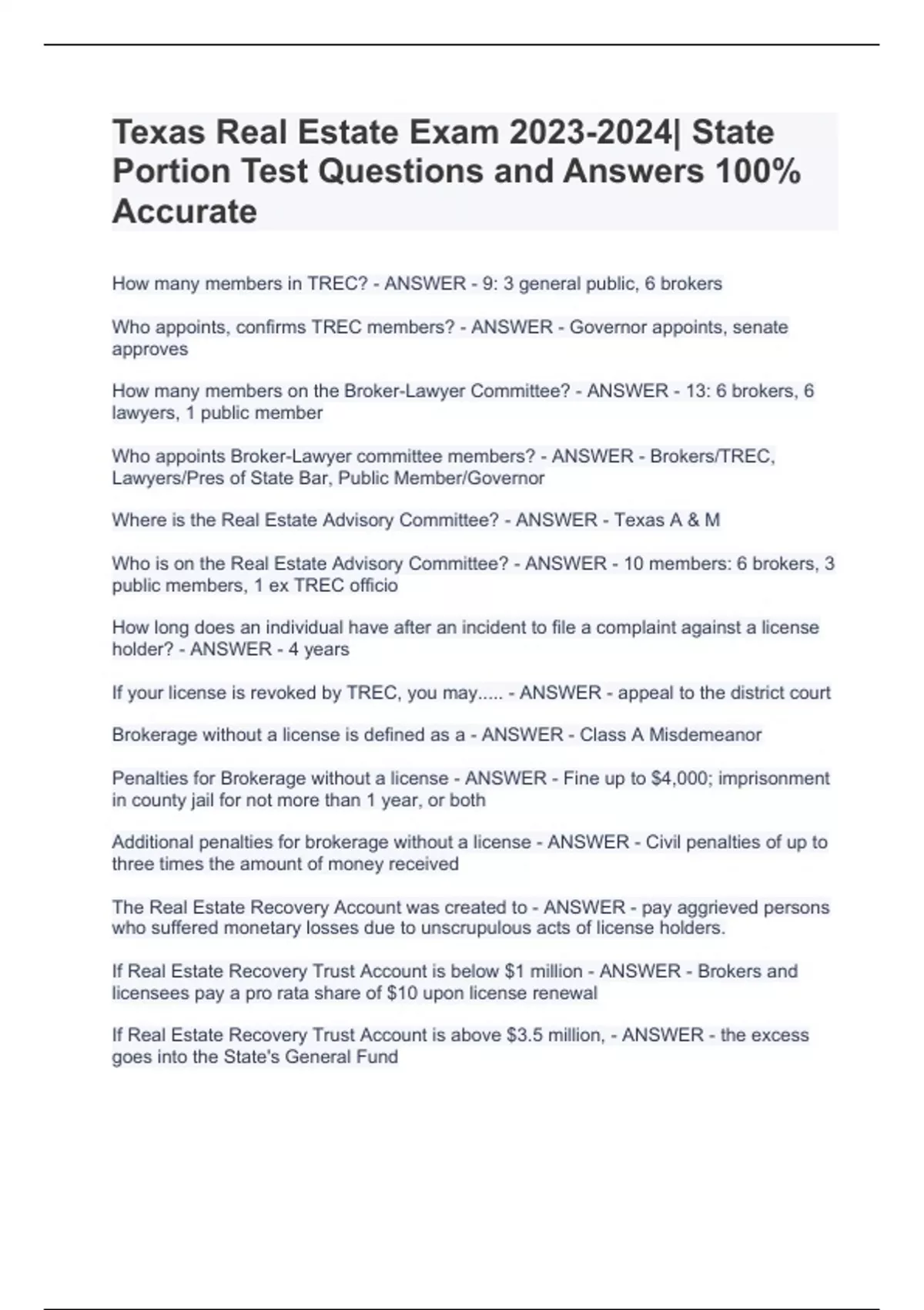 Texas Real Estate Exam State Portion Test Questions and Answers 100