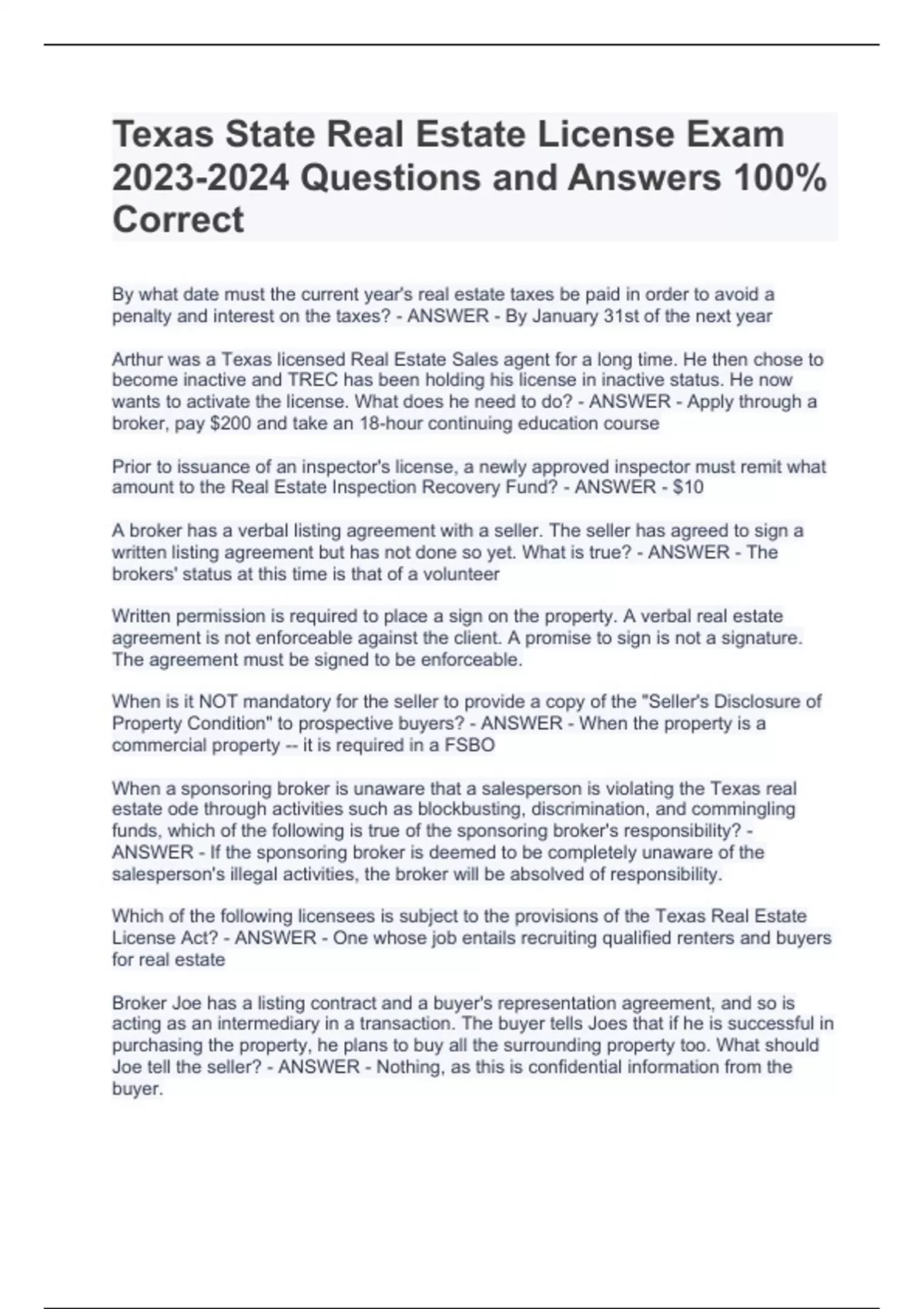 Texas State Real Estate License Exam Questions and Answers 100 Correct Texas State Real