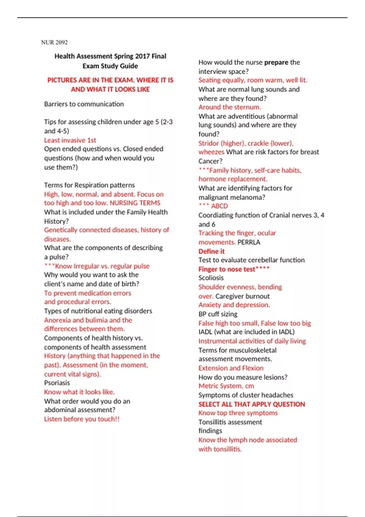 NUR 2092 Health Assessment Spring 2017 Final Exam Study Guide - NUR ...