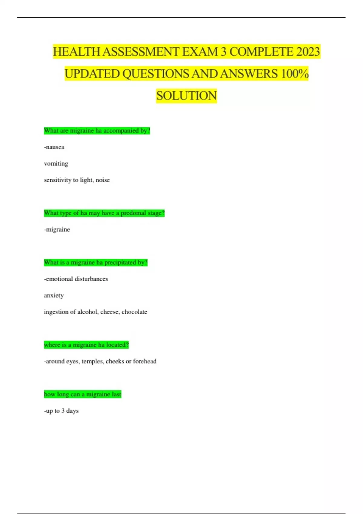 HEALTH ASSESSMENT EXAM 3 COMPLETE 2023 UPDATED QUESTIONS AND ANSWERS ...
