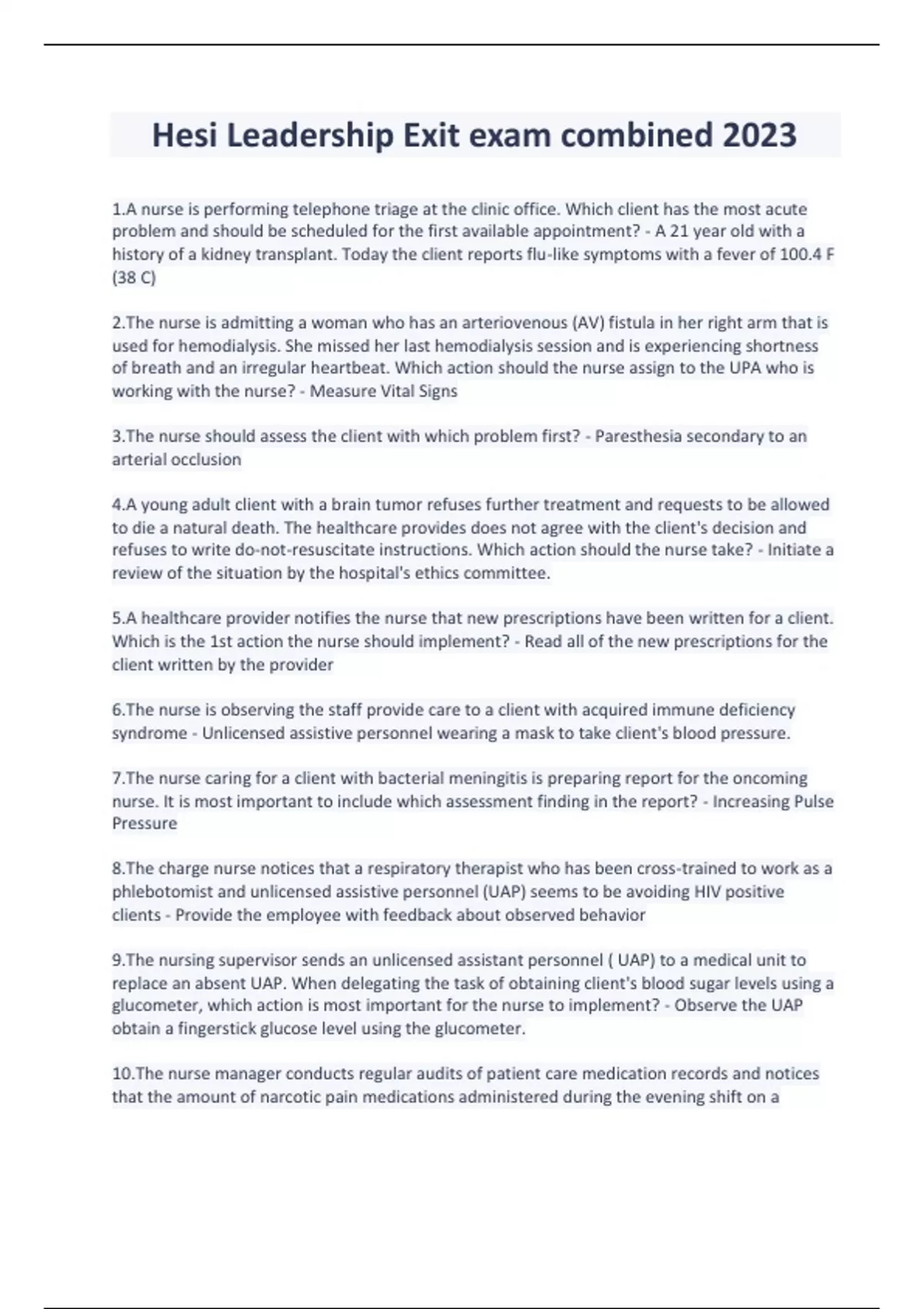 Hesi Leadership Exit exam combined 2023 - Hesi Leadership Exit - Stuvia US