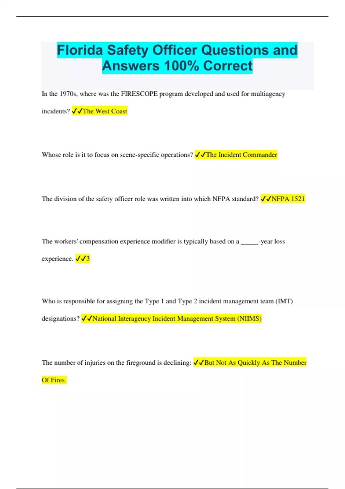 Florida Safety Officer Questions and Answers 100 Correct Fl. Fire