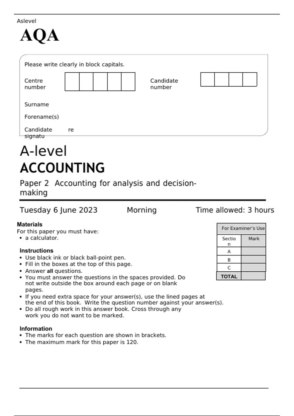 AQA A-level ACCOUNTING Paper 2 JUNE 2023 QUESTION PAPER: Accounting for ...