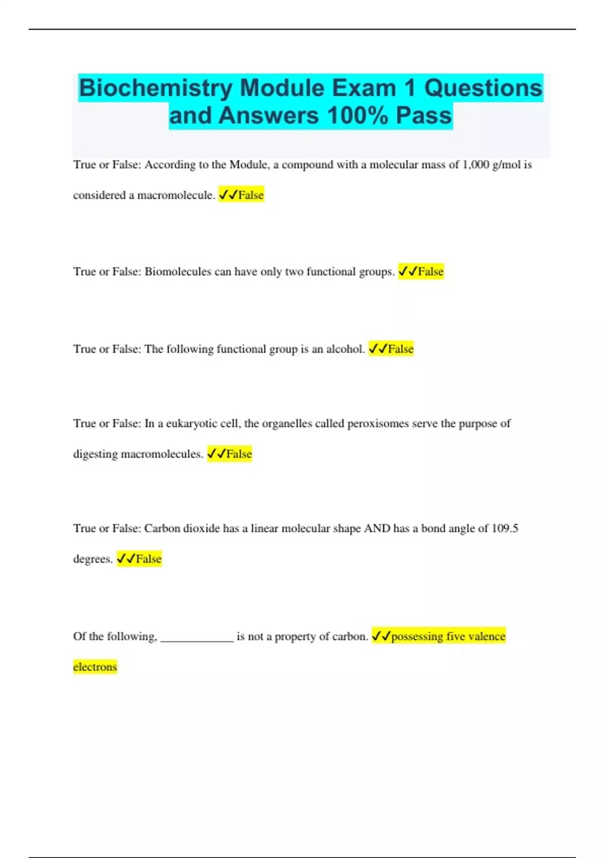 Biochemistry Module Exam 1 Questions and Answers 100 Pass
