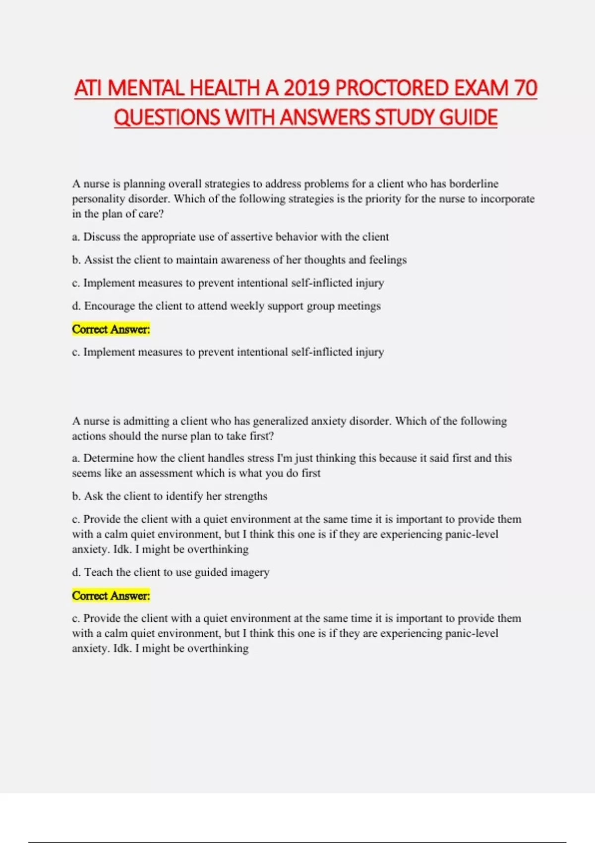 ATI MENTAL HEALTH A 2019 PROCTORED EXAM 70 QUESTIONS WITH ANSWERS STUDY ...