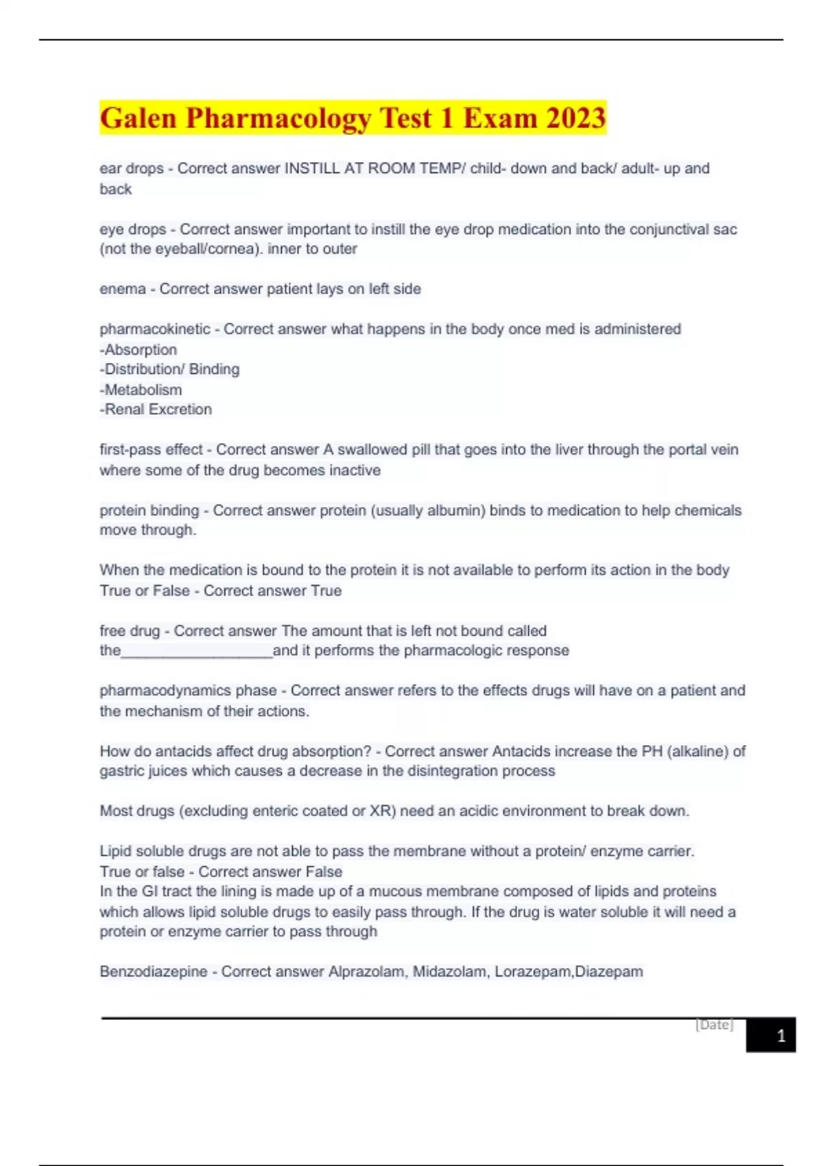 Galen Pharmacology Test 1 Exam 2023 - Galen Pharmacology - Stuvia US