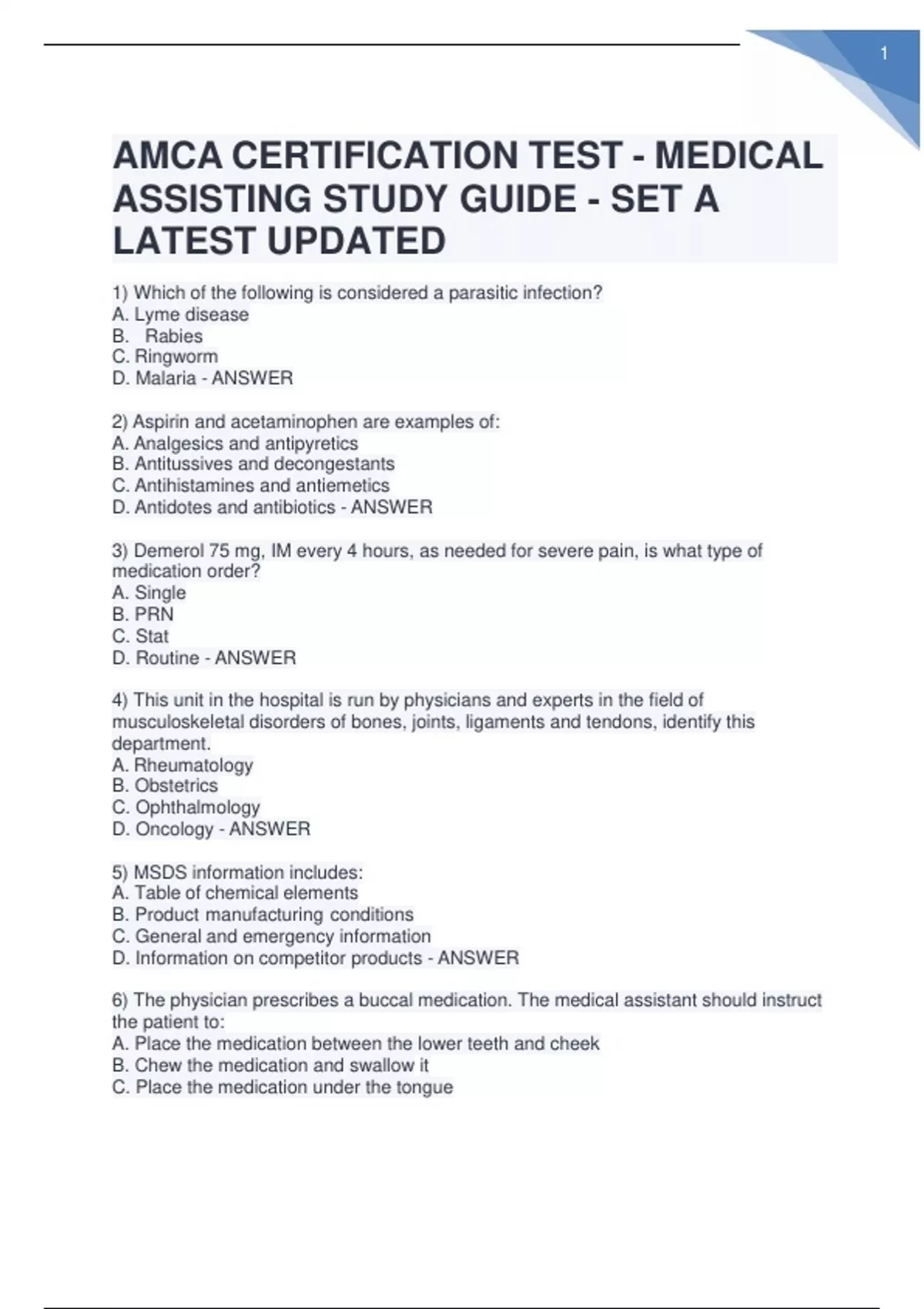 AMCA CERTIFICATION TEST - MEDICAL ASSISTING STUDY GUIDE - SET A LATEST ...