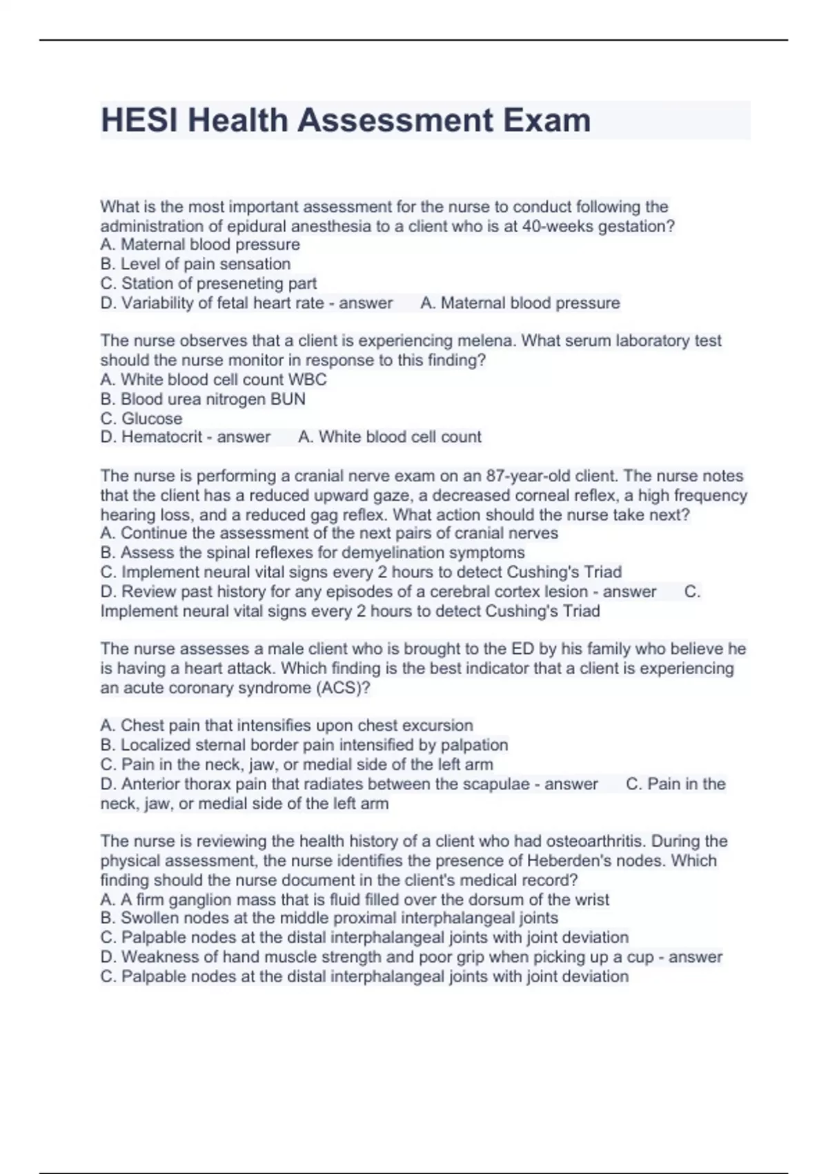 HESI Health Assessment Exam Questions with correct Answers 2023 - HESI ...