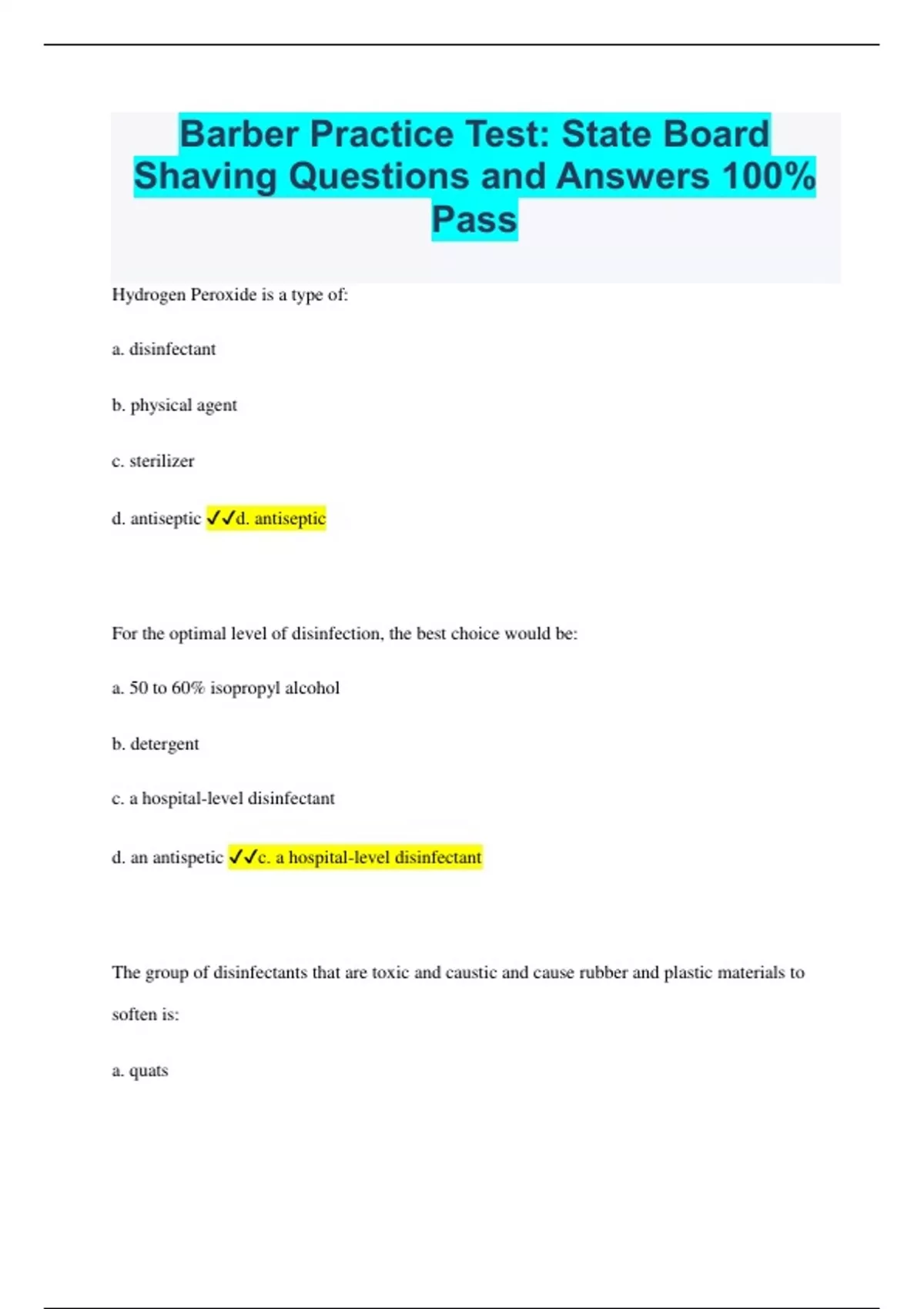 Barber Practice Test State Board Shaving Questions and Answers 100
